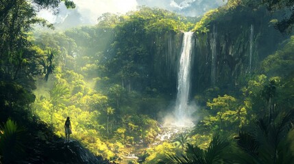 Serene Jungle Waterfall Landscape with a Woman Exploring