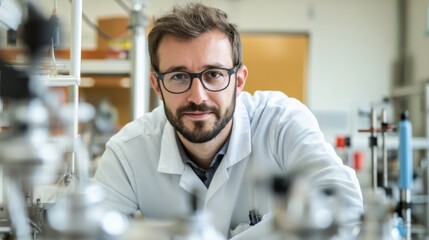Obraz premium Confident scientist in lab coat leans over scientific equipment, focused gaze, modern lab background, ideal for research or science publications