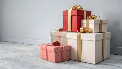 Red and gold Christmas gift boxes with ribbons and bows, isolated on a white background, perfect for holiday celebrations