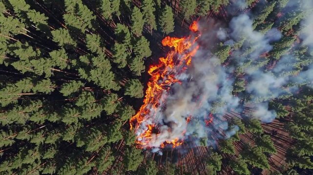 Top view of Forest Blaze, Flames Spreading and Wildfire Danger Rising, Generative AI