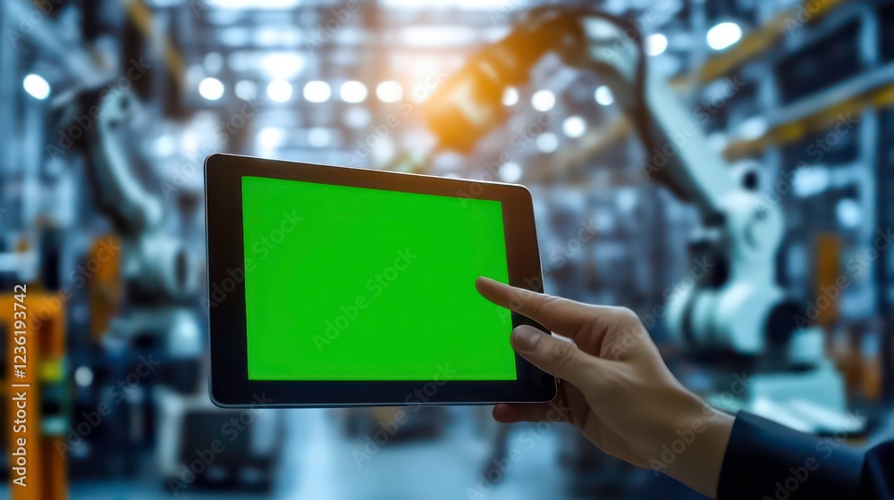 Poster Hand using tablet with green screen in smart factory.