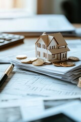 House model, coins and paperwork on table representing real estate investment, property valuation, financial planning, mortgage options, and market analysis.
