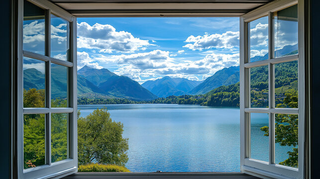 Fototapeta lake and mountains view from open window
