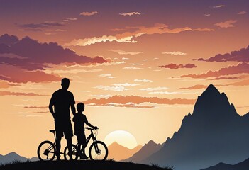 Fototapeta premium Joyful Father and Son Adventure at Sunset: A Silhouette in the Mountains