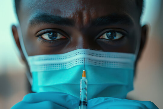 African American man with syringe and mask close up portrait