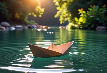 Obraz premium A paper boat floats serenely on a calm river bathed in the warm glow of the setting sun. Sunlight filters through the lush green foliage of trees lining the riverbank