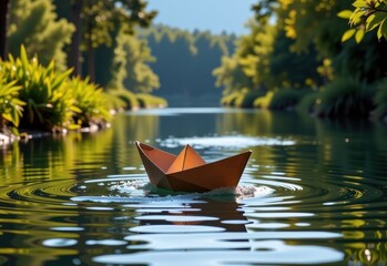 Fototapeta premium A paper boat floats serenely on a calm river bathed in the warm glow of the setting sun. Sunlight filters through the lush green foliage of trees lining the riverbank