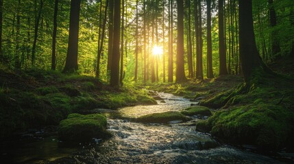 Obraz premium Serene Sunset in a Lush Forest, A Magical River's Flow