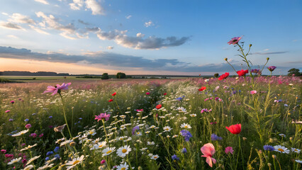 A vibrant field of red poppies and colorful flowers blooms under the summer sky