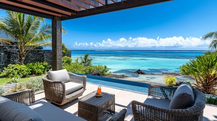 Fototapeta premium Relaxing Patio Furniture On A Tropical Island, Overlooking A Stunning Turquoise Ocean. Perfect Vacation Vibes!