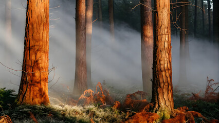 Misty Forest Morning with Fog and Sunlight