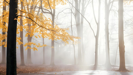 Misty autumn trees in a foggy forest landscape