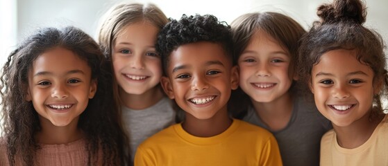 Fototapeta premium Kids smiling together in playful group portrait, promoting friendship, diversity, and happiness in childhood. Concepts of joy, learning, and playtime activities.