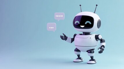 Fototapeta premium Friendly robot character engaging in conversation with speech bubbles