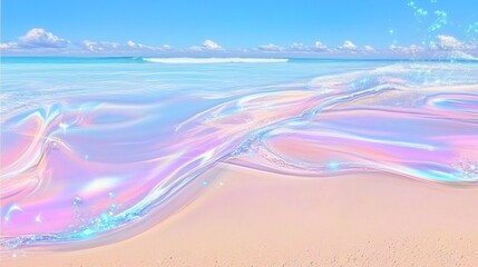 Vibrant pastel waves shimmering on a serene beach under a bright blue sky