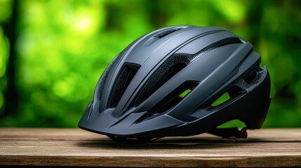 Fototapeta premium A sleek black bicycle helmet is showcased against a natural greenery backdrop, ideal for promoting outdoor sports, safety gear, or cycling events in marketing materials or online articles,