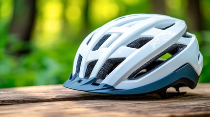 Fototapeta premium A sleek white cycling helmet rests on a wooden table, surrounded by lush greenery, Perfect for promoting cycling safety, outdoor activities, or sports gear in advertisements or articles,