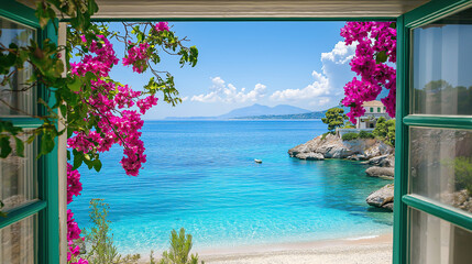 Tropical paradise ocean view framed through open window
