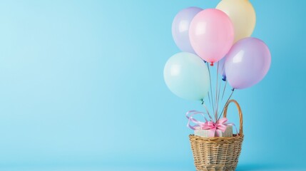 Helium balloons tied to a gift basket in a festive celebration setting.