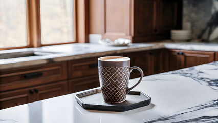 A hot cup of coffee sits on a white saucer