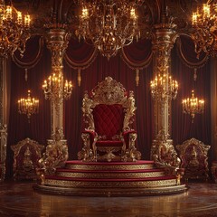 Ornate throne room, red velvet, gold decor, regal atmosphere, fit for royalty or fantasy settings