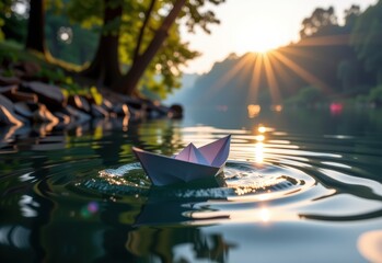 Obraz premium A paper boat floats serenely on a calm river bathed in the warm glow of the setting sun. Sunlight filters through the lush green foliage of trees lining the riverbank