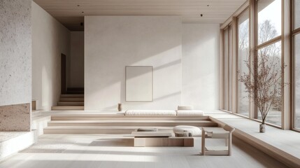 Fototapeta premium Serene Minimalist Living Room with Natural Light and Wooden Features
