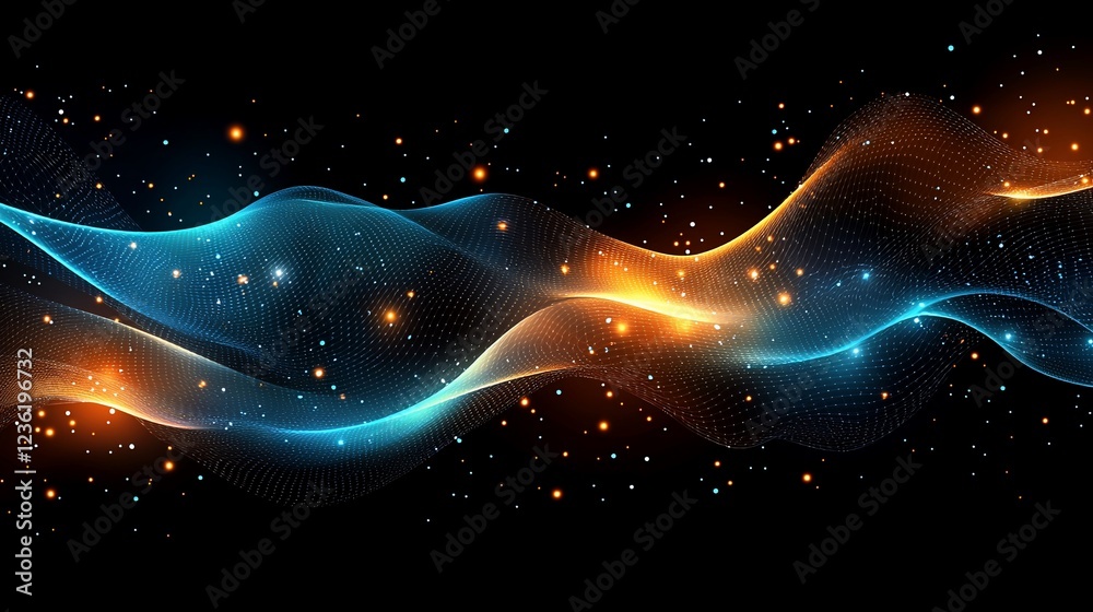 Poster abstract glowing wave with orange and blue particles.