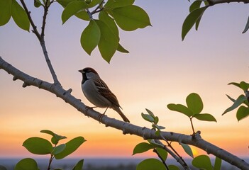 Obraz premium Serenity of a Sparrow Amidst a Sunset Backdrop
