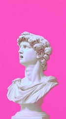 Bust of a classical figure displayed against a vibrant pink background in a contemporary art setting