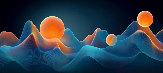 Abstract Technology Glowing Spheres Amidst a Dynamic Waveform of Teal, Blue, Orange, and Cyan
