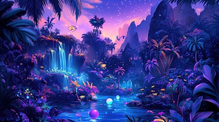 Fototapeta premium Tropical Waterfall Fantasy Landscape, Night, Glowing, River, Game Background