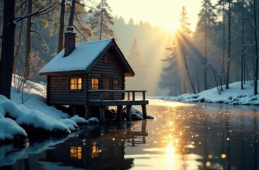 Fototapeta premium A small wooden forest house by the river in winter. Privacy with nature. Journey. Winter fairy tale