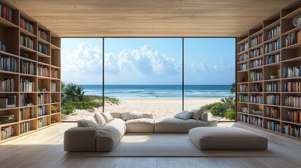 Modern Virtual Meeting Room with Stunning Beach View: Ideal Background for Online Presentations, Zoom Calls, and Team Meetings.