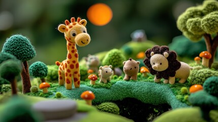 Obraz premium Adorable Felted Animal Scene in Miniature Forest