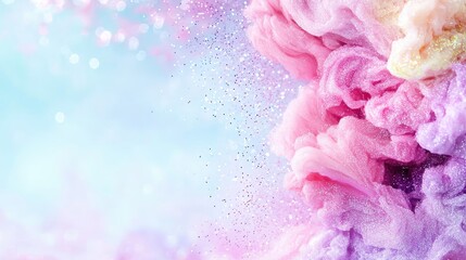 Fototapeta premium Pastel ink swirls in water, glitter background, abstract art