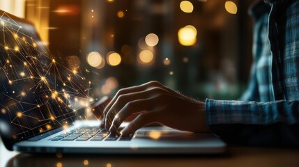 A young professional attending a virtual networking event through a business simulation platform on a laptop, Virtual networking theme, Professional style