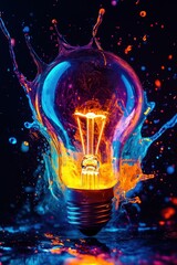 Light bulb, vibrant colors and splashes of water creating dynamic art. Concept of creativity, innovation, inspiration, and modern design in energy solutions.