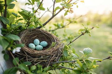 Fototapeta premium Bird nest with blue eggs on blossoming tree branch, AI Generation