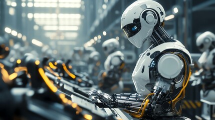 Fototapeta premium A futuristic robot assisting a human in a factory.