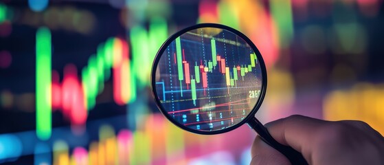 Magnifying glass focusing on stock market charts, highlighting financial data analysis, investment trends, trading strategies, and economic indicators for investors.