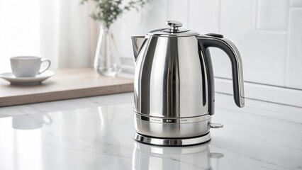 Stainless steel kettle, modern and sleek, in a stylish kitchen setting
