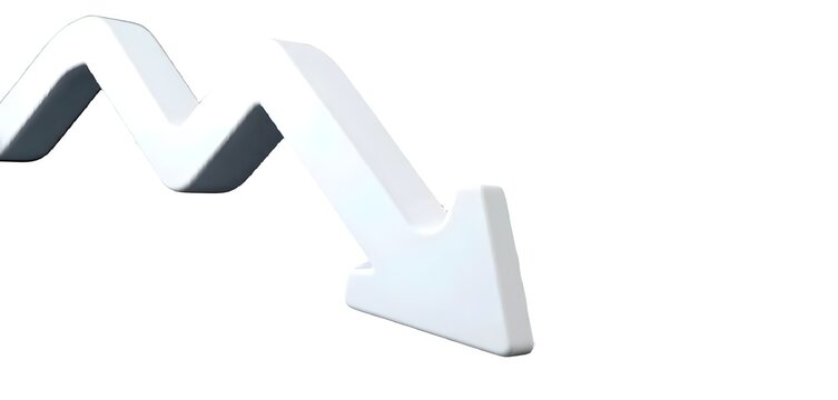 3D White Arrow Declining Sharply on a White Background