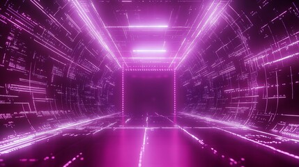 Obraz premium Abstract futuristic tunnel with glowing pink neon lights and geometric patterns creating a portal