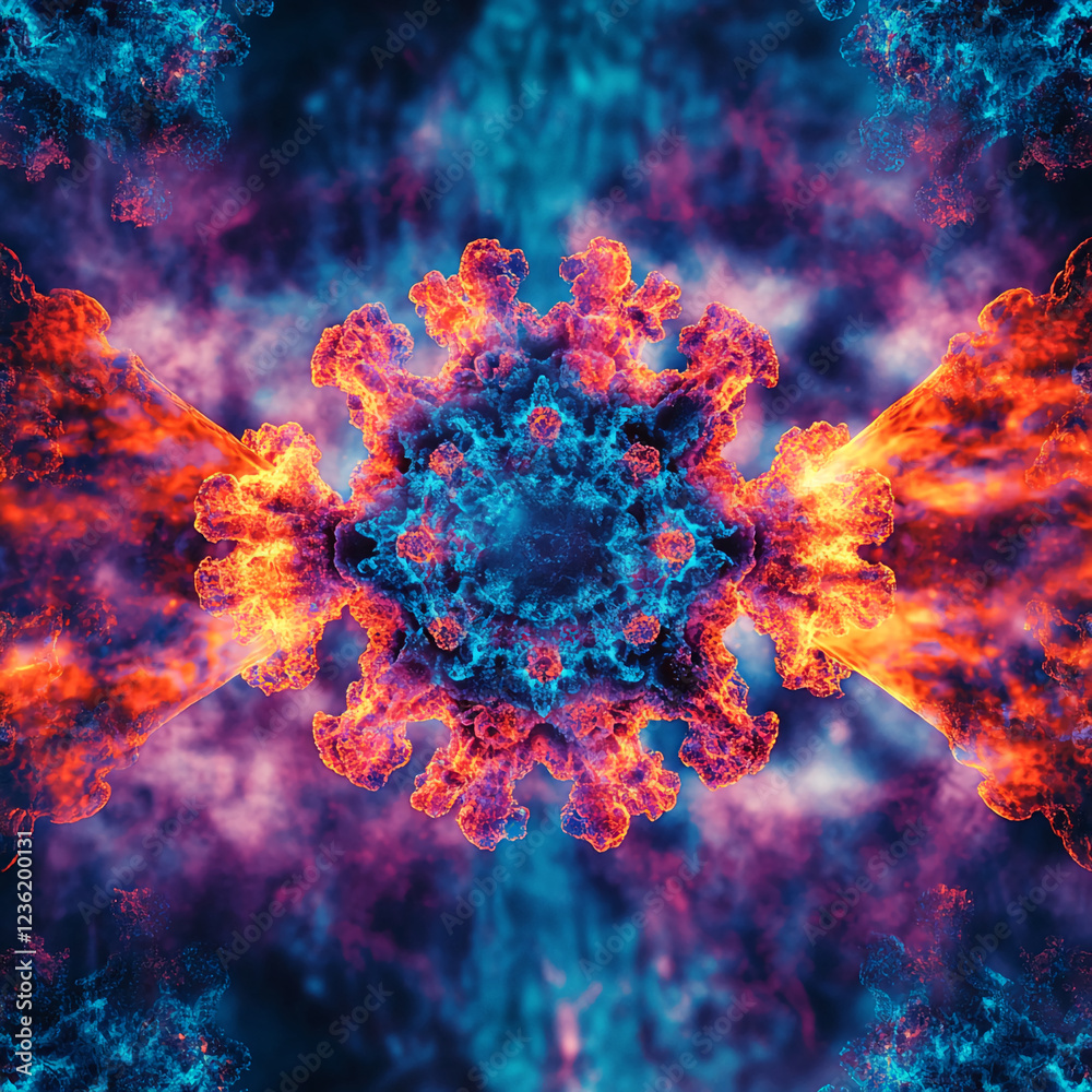Poster abstract digital representation of red and blue virus-like cells, symbolizing infection and disease.