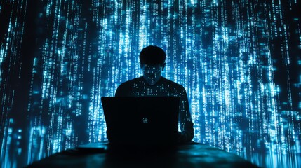 A programmer coding machine learning algorithms on a laptop.