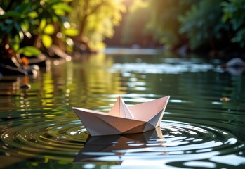 Obraz premium A paper boat floats serenely on a calm river bathed in the warm glow of the setting sun. Sunlight filters through the lush green foliage of trees lining the riverbank