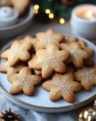 Festive star-shaped cookies decorated with icing on a cozy table setting with candles and decor