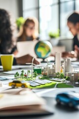 Fototapeta premium Model city layout on table with professionals collaborating on sustainable urban development strategies in modern office. Environmental impact and green technology focus.