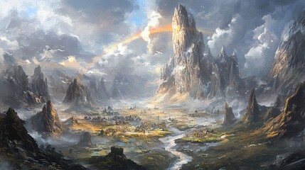 Naklejka premium Majestic peak, valley village, rainbow, cloudy sky, fantasy landscape